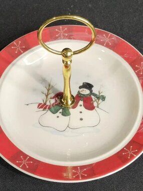 Upcycled Vintage Royal Seasons Snowman Dish Tray | Gold Handle 6.5"